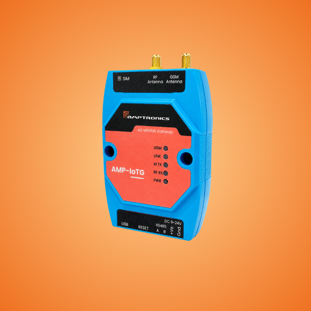 AMP-IoTG 4G WBTMS gateway with RF and GSM antennas, SIM slot, USB and RS485 ports