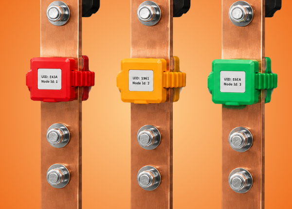 BBS350BT battery-powered wireless busbar temperature sensors on copper busbars